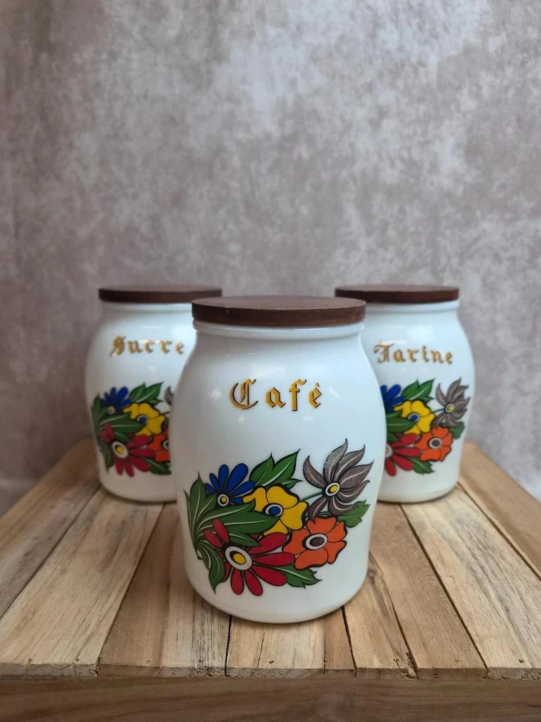 Lot de 3 pots à provisions vintage Brf – Café, Farine et Sucre – verre opalin